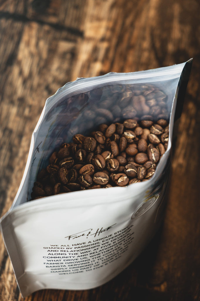 bag of opened coffee beans from five and hoek for corporate gift options